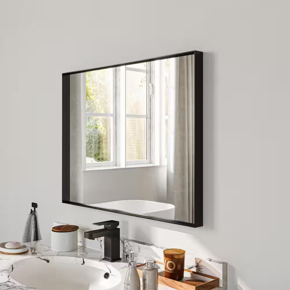 22 In. W X 30 In. H Black Rectangle Framed Tempered Glass Wall-Mounted Mirror